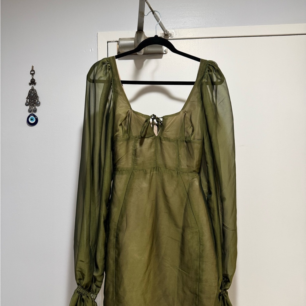 Green dress Ruched Tie Front with Bishop Sleeves